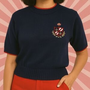 Vintage Sailor Nautical Themed Short Sleeved Knit Sweater Shirt